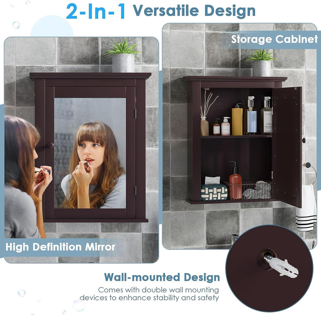 Brown Medicine Cabinet with Mirror, Wall Mounted Adjustable Storage