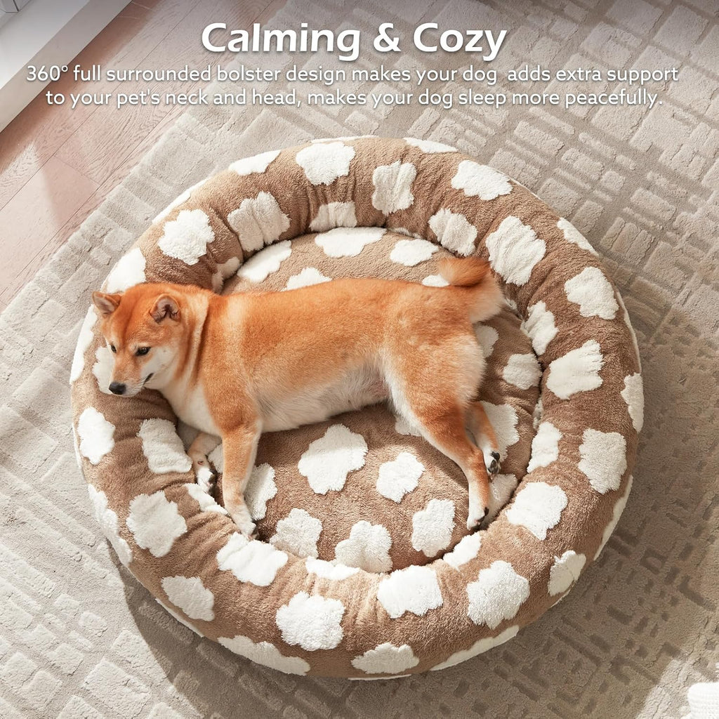 Jacquard Donut Round Dog Beds Medium Sized Dog, Brown 30x30x8in, Removable Washable Cover, Cute Pattern, Ultra Soft