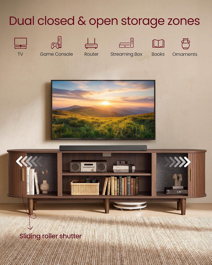 TV Stand for 80-Inch TVs, Mid Century Entertainment Center with Storage, Fluted Sliding Doors, Media Console Table