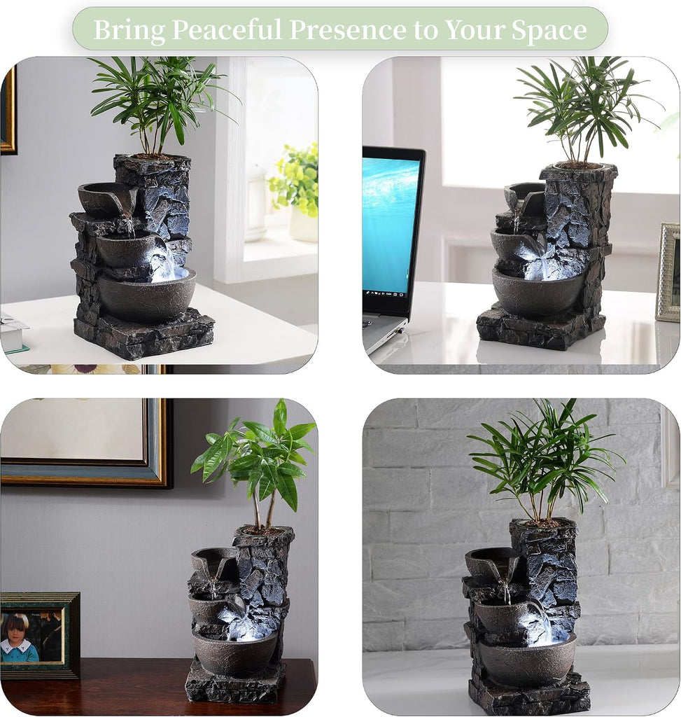 Indoor Tabletop Water Fountain with Planter Pot, Small Desk Waterfall with Cool LED Lights, Zen Decor, Calming