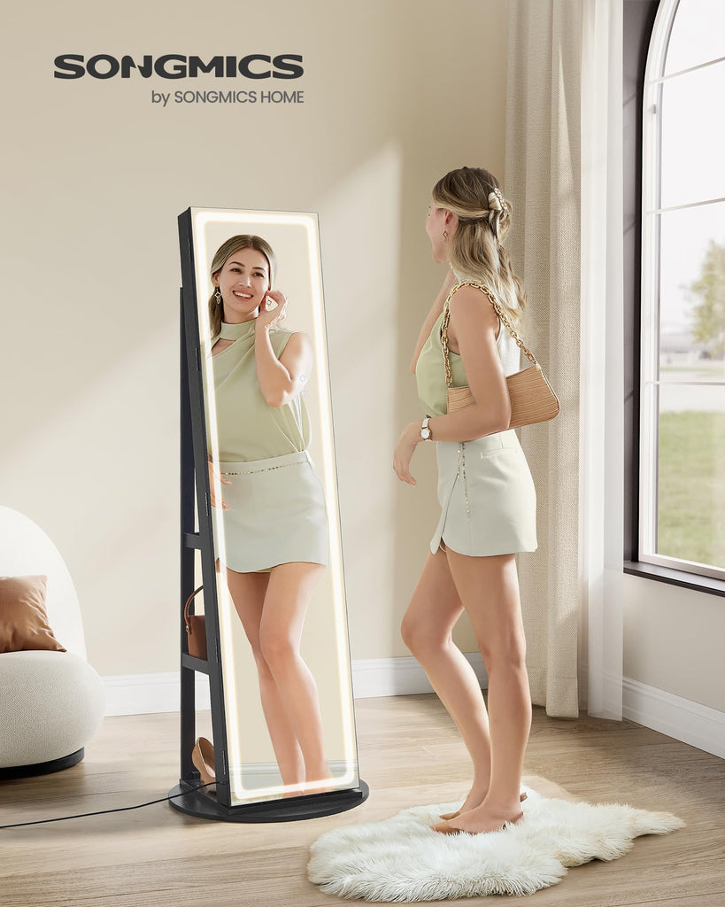 LED Mirror Jewelry Cabinet Standing, Adjustable Lights, Lockable