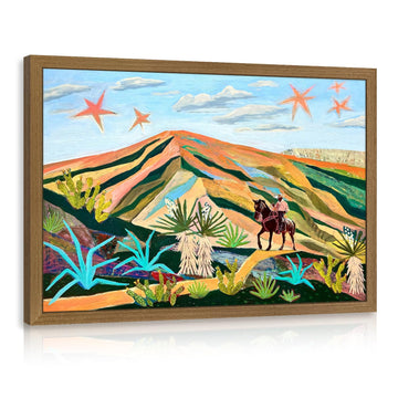 Wood Framed Southwestern Desert Wall Art, Colorful Desert Landscape Cowboy Cactus Decor, Rodeo Cowboy Horse Poster