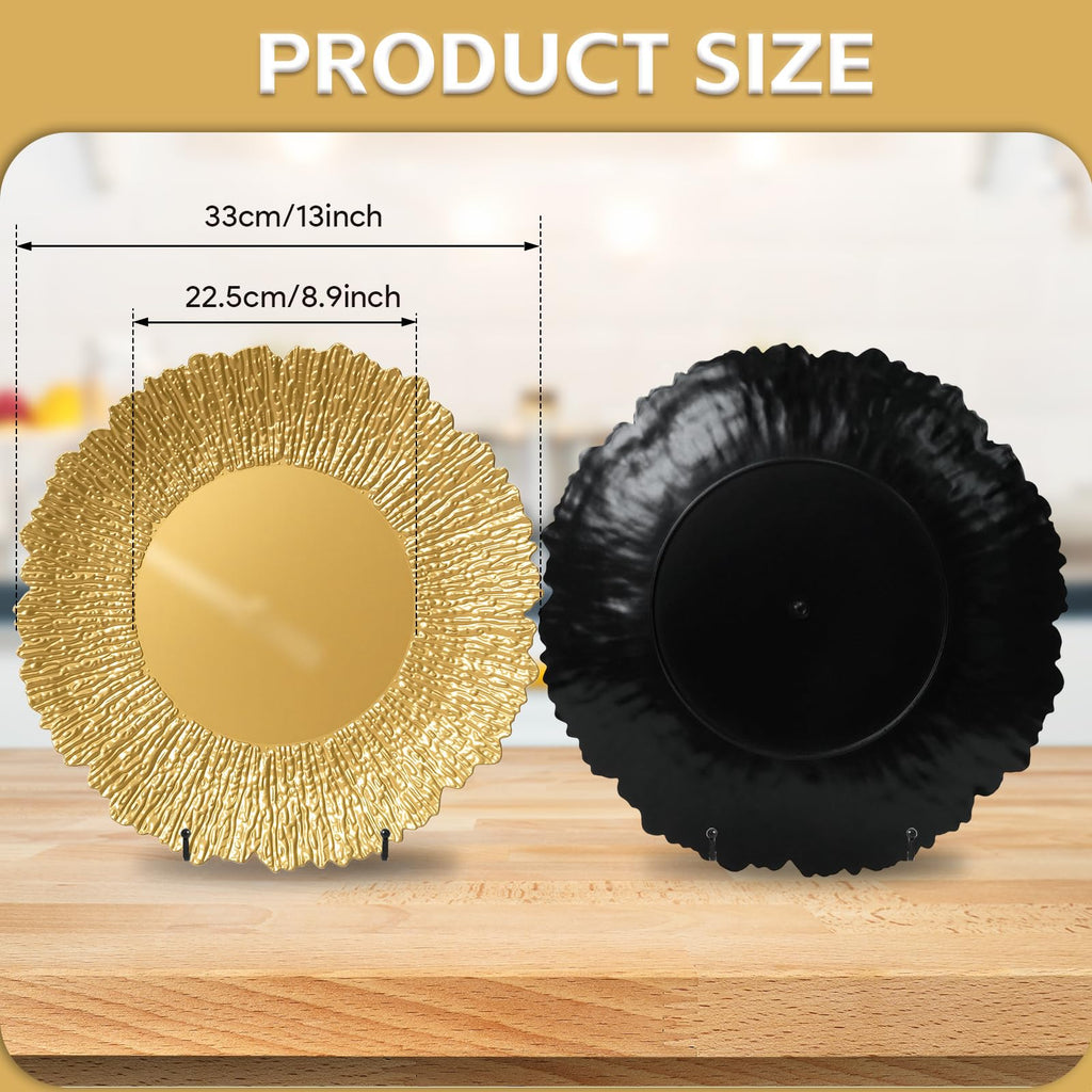 12 Pcs Gold Chargers for Dinner Plates, 13" Reusable Reef Serving Gold Chargers, Round Plastic Shiny Decorative