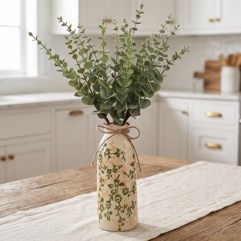 Farmhouse Artificial Eucalyptus Stems in Vintage Ceramic Vase Set (Green)