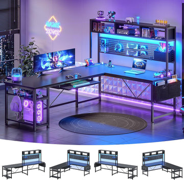 67" L Shaped Gaming Desk with Pegboard LED Lights and Power Outlet | Reversible Computer Desk with Keyboard Tray