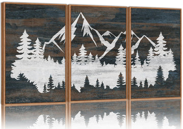 Vintage Mountain Framed Canvas Wall Art, White Snowy Nature Landscape Wall Decor, Rustic Wilderness Forest Art