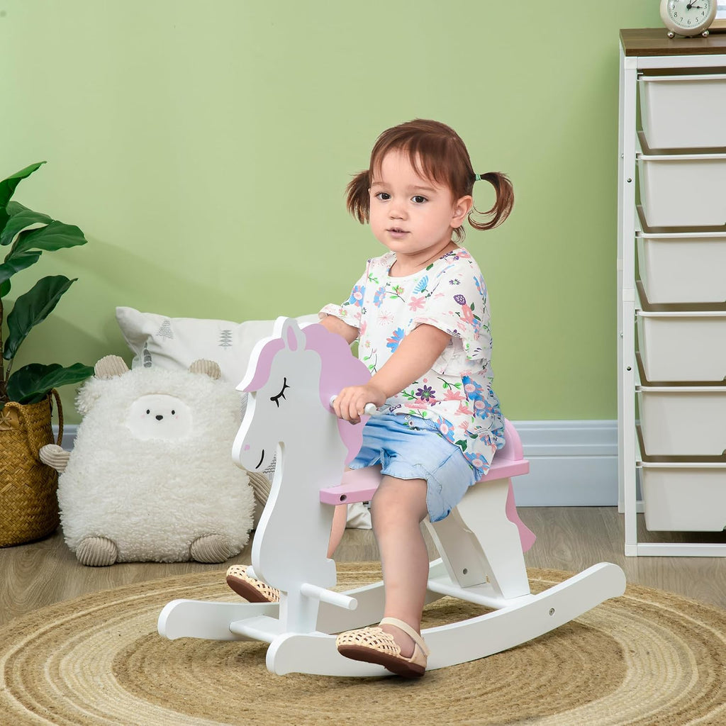 Wooden Rocking Horse for Toddlers 1-3 Kids Ride on Horse Pink & White