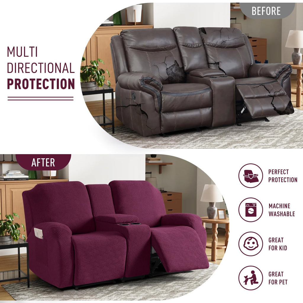 Loveseat Recliner Covers with Middle Console Slipcover, Burgundy