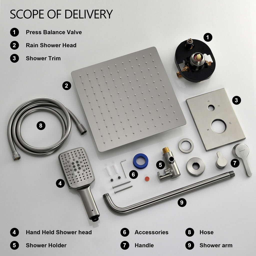 Shower Faucet Set - 12 inches Rain Shower System with 6 Function Handheld Shower Head Rough in Pressure Balance Valve