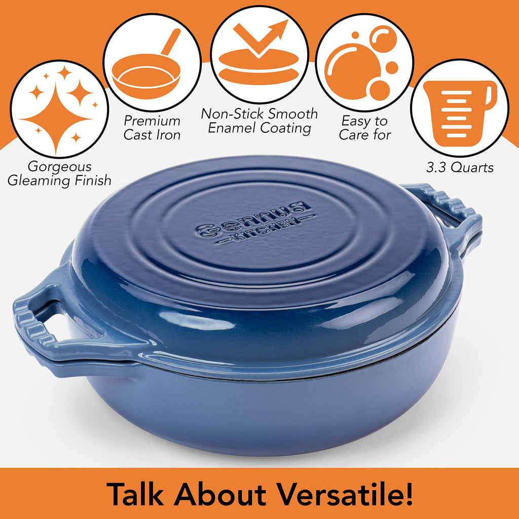2-in-1 Enameled Cast Iron Braiser Pan with Grill Lid - 3.3-Quart Small Dutch Oven, Serves as Both Casserole &