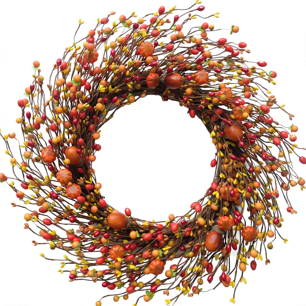 Fall Berry Wreath, 20" Autumn Orange Front Door Wreath Harvest Wreath with Pumpkins, Acorns Artificial Wreath for