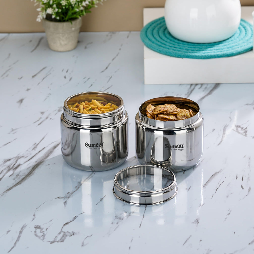 Silver Beni Shape Stainless Steel Canisters/Dabba/Storage Containers with See Through Lid, Set of 2 Pcs, 1.45L Each