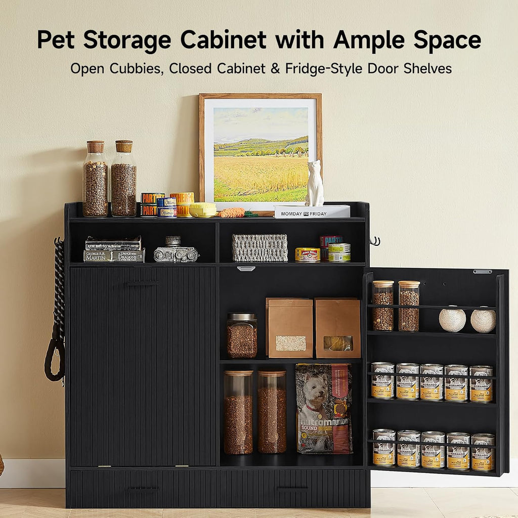 Tilt-Out Trash Can Cabinet with Storage, Dog Feeding Station, Black