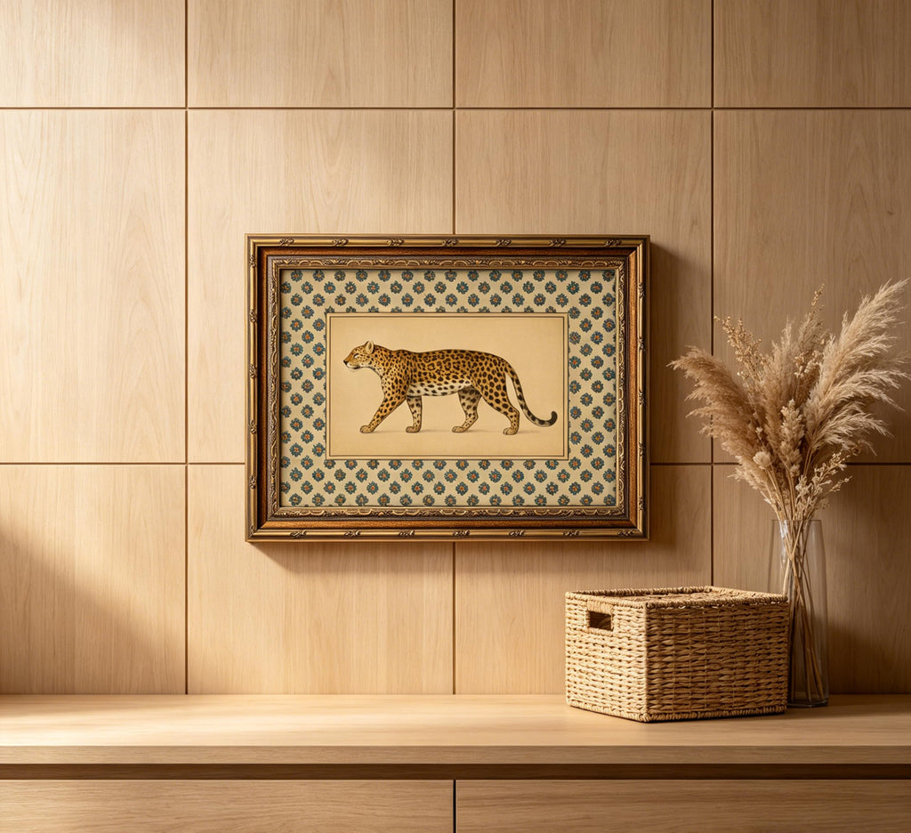 Vintage Gold Framed Leopard Wall Art, Antique Botanical Animal Canvas Print, Floral Pattern Background Wall Decor