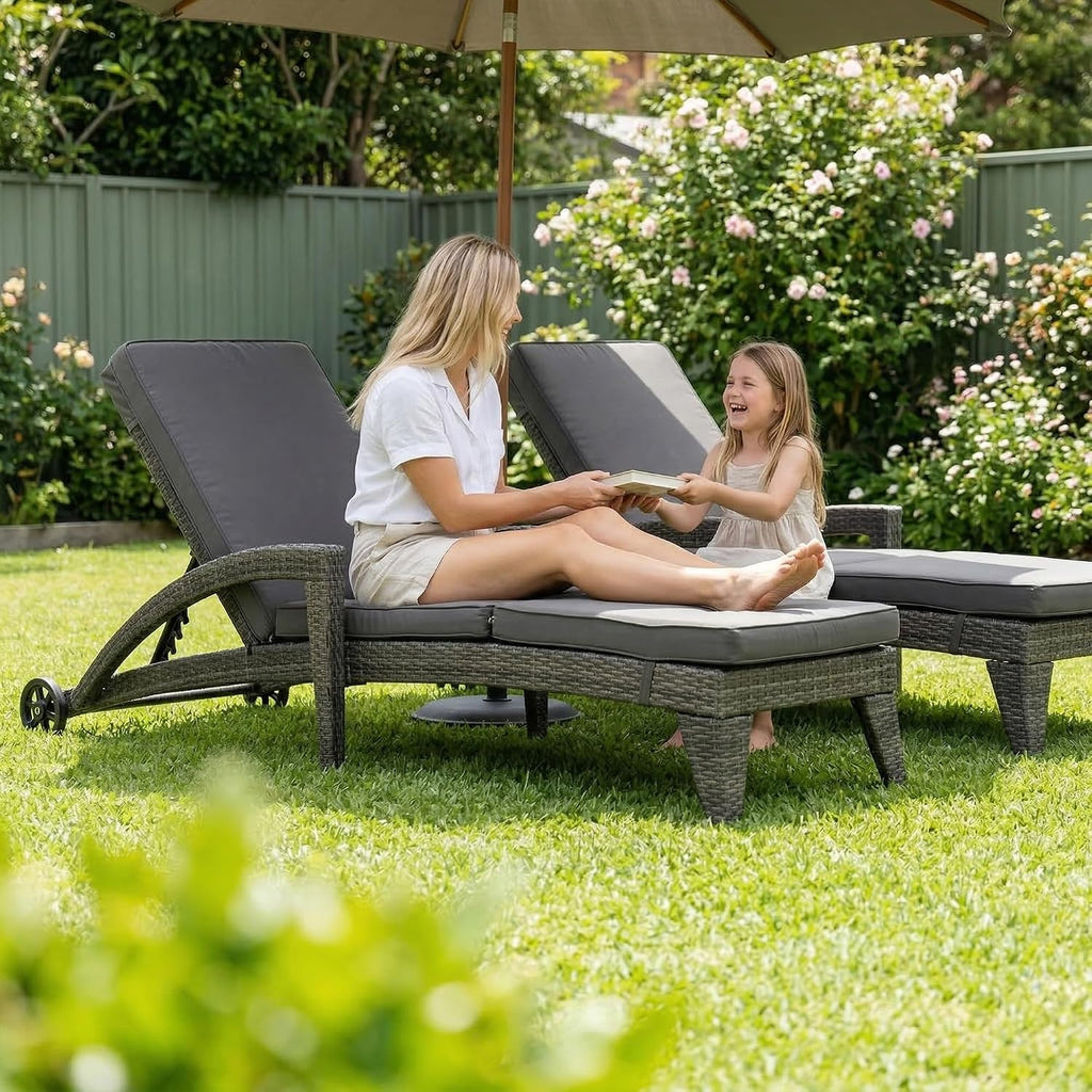Chaise Lounge Chairs Set of 2, Upholstered 5-Positions Adjustable Lounge Chairs, Wicker Outdoor Long Reclining Chaise