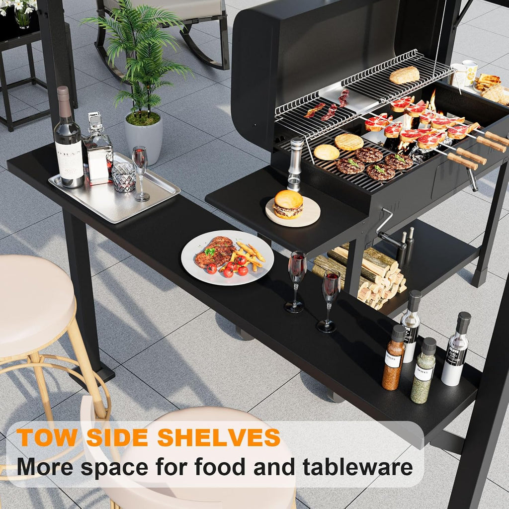 8'x 5' Hardtop Grill Gazebo, Outdoor BBQ Gazebo Metal Roof Canopy with 2 Metal Side Shelves & 5 Tool Hooks for