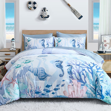 Comforter Set Coastal, Coral Beach Themed Comforters Diving Deep Ocean Bedding with Sheets 7 Pieces Bed in