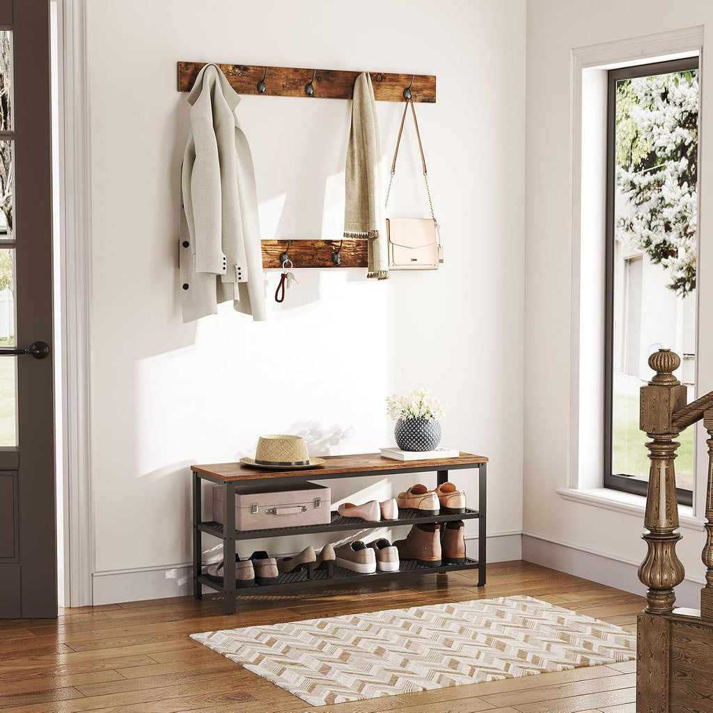 Hall Tree Entryway Storage Bench, Coat Rack Shoe Bench, Shoe Rack Organizer with Coat Hooks, 3-in-1 Design, Wooden
