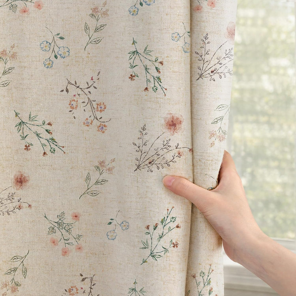 Boho Floral 100% Blackout Curtains for Bedroom 84 Inch Length 2 Panels Set, Linen Texture Farmhouse Curtains Beige