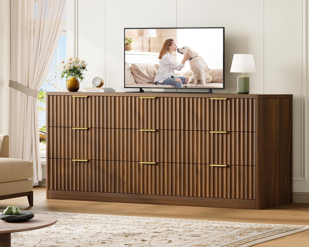 63" Dresser with 9 Drawers, Modern Dressers & Chest of Drawers with Metal Handles, Fluted Dresser, Wood Closet
