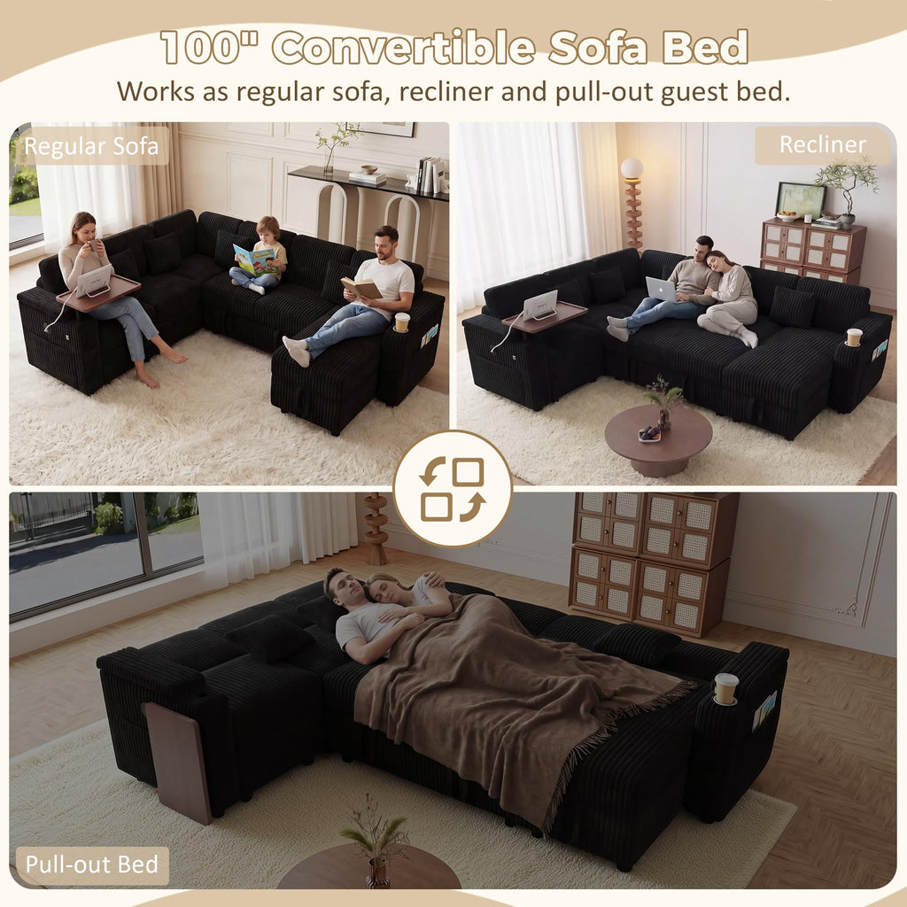 100" Convertible Sectional Sofa Bed, Pull Out Couch Bed with Storage Chaise, Table Board, USB Ports & Cup Holder