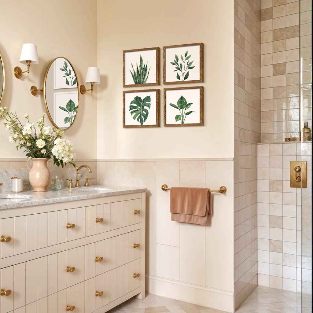 Framed Bathroom Wall Art Decor, 10x10 Botanical Artwork Walnut