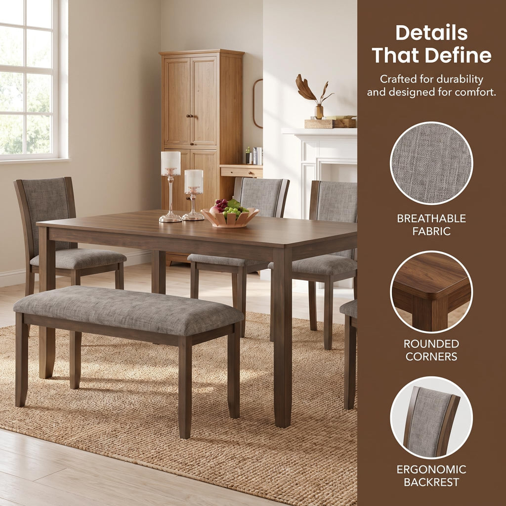 6 Piece Farmhouse Dining Table Set, Wooden Dinner Table Set for 6, 58.5" Rectangular Table, 4 Upholstered Linen
