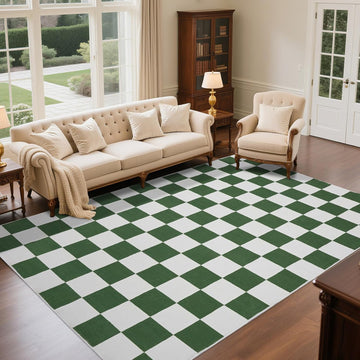 Washable Checkered Rug, 5x7 ft Green and White Rug, Low Pile Area Rugs with Non-Slip Backing Playroom Classroom