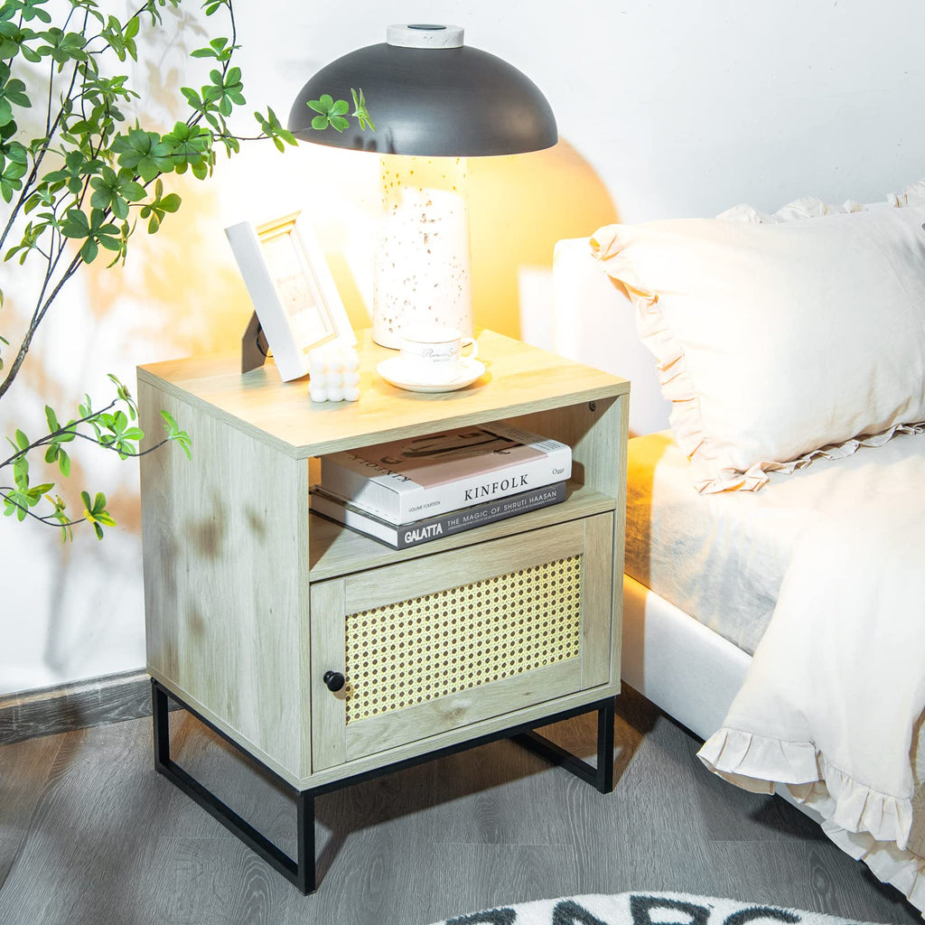 Rattan, Indoor Sofa Side Table with Shelf & Rattan Door Cabinet, Steel Base, Wood Finish, Natural Style Nightstand