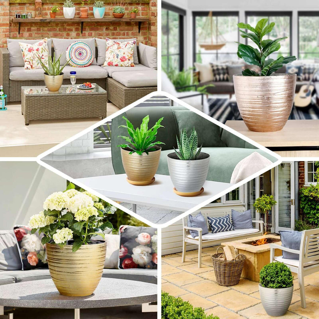 14 inch Large Metallic Gold Round Planter, Statuesque Gilded Flower Pot for Grand Entrances, Luxury Hotels and
