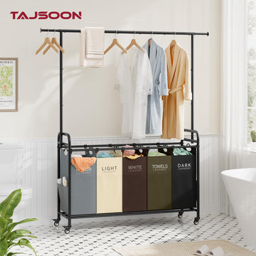 Laundry Sorter Cart with Hanging Rack, 5 Section, 5 Colors