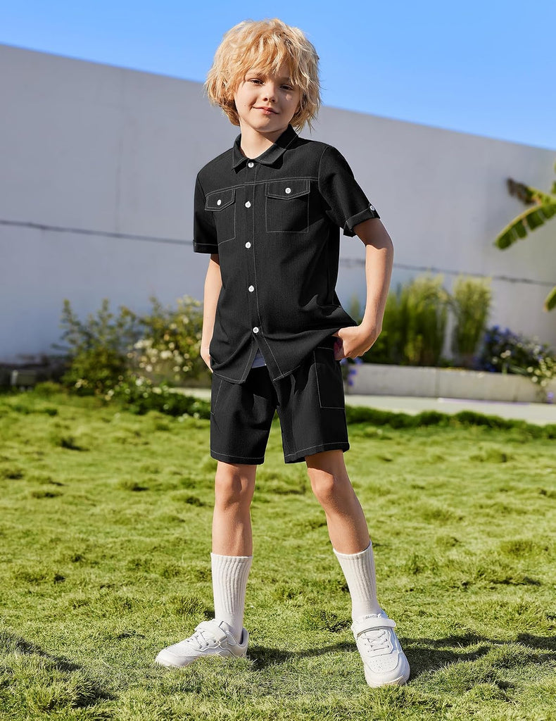 Boys' Woven Shorts Set Academic Style Button Down Shirt and Denim Shorts Outfits Casual yet Dressy Clothes