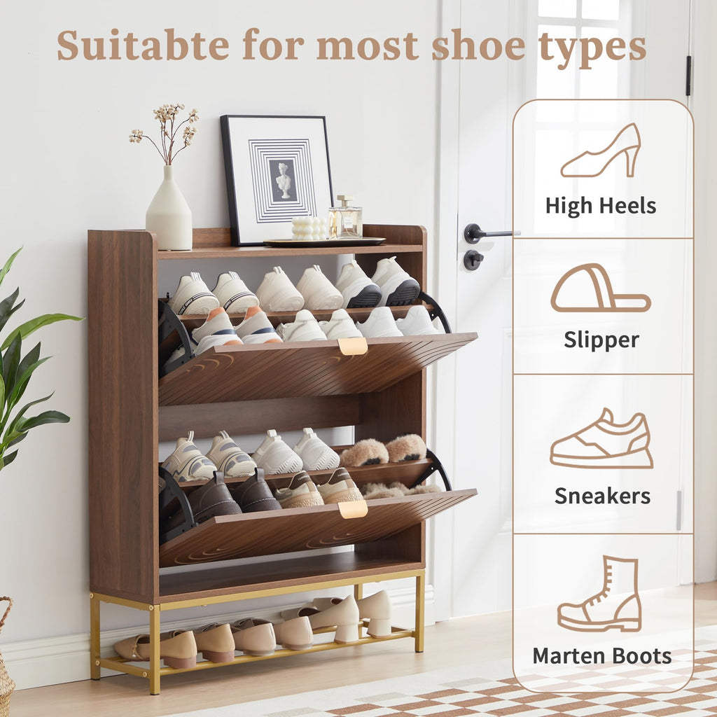 Narrow Shoe Storage Cabinet with 2 Flip Drawers, Wooden Freestanding Hidden Shoes Rack Organizer, Mid-Century Modern