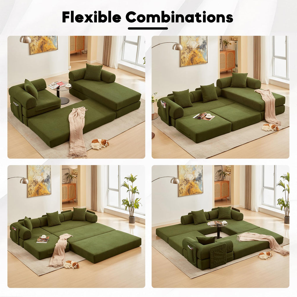 107" Modular Sectional Sofa Bed, L-Shape Corduroy Boneless Couch, Green