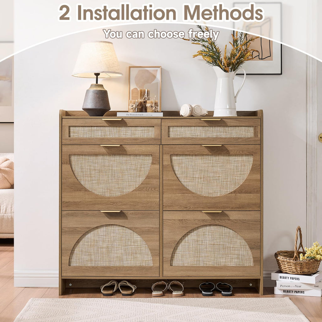 Rattan Shoe Storage Cabinet with 4 Flip Drawers & 2 Drawers, Freestanding Organizer for Front Door Entrance, Hidden