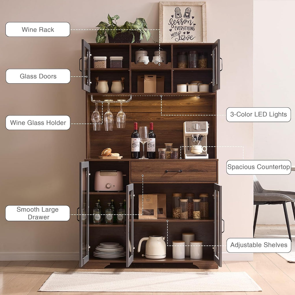 71" Tall Pantry Cabinet with Glass Doors, Kitchen Hutch Storage Cabinet, Coffee Bar & Liquor Cabinet with Charging