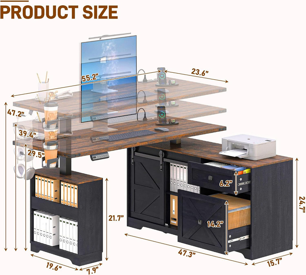L Shaped Electric Standing Desk 55" Black with Power & Storage | File drawer, sliding door cabinet, cup holder