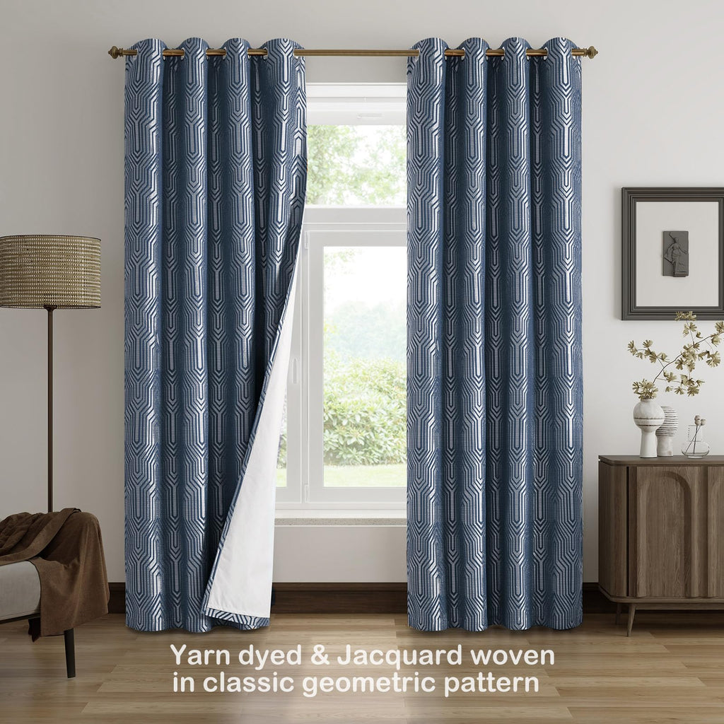 Indigo Blue and Silvery 100% Blackout Jacquard Geometric Pattern Curtains, 52 Inch Wide 120 Inch Length 2 Panels