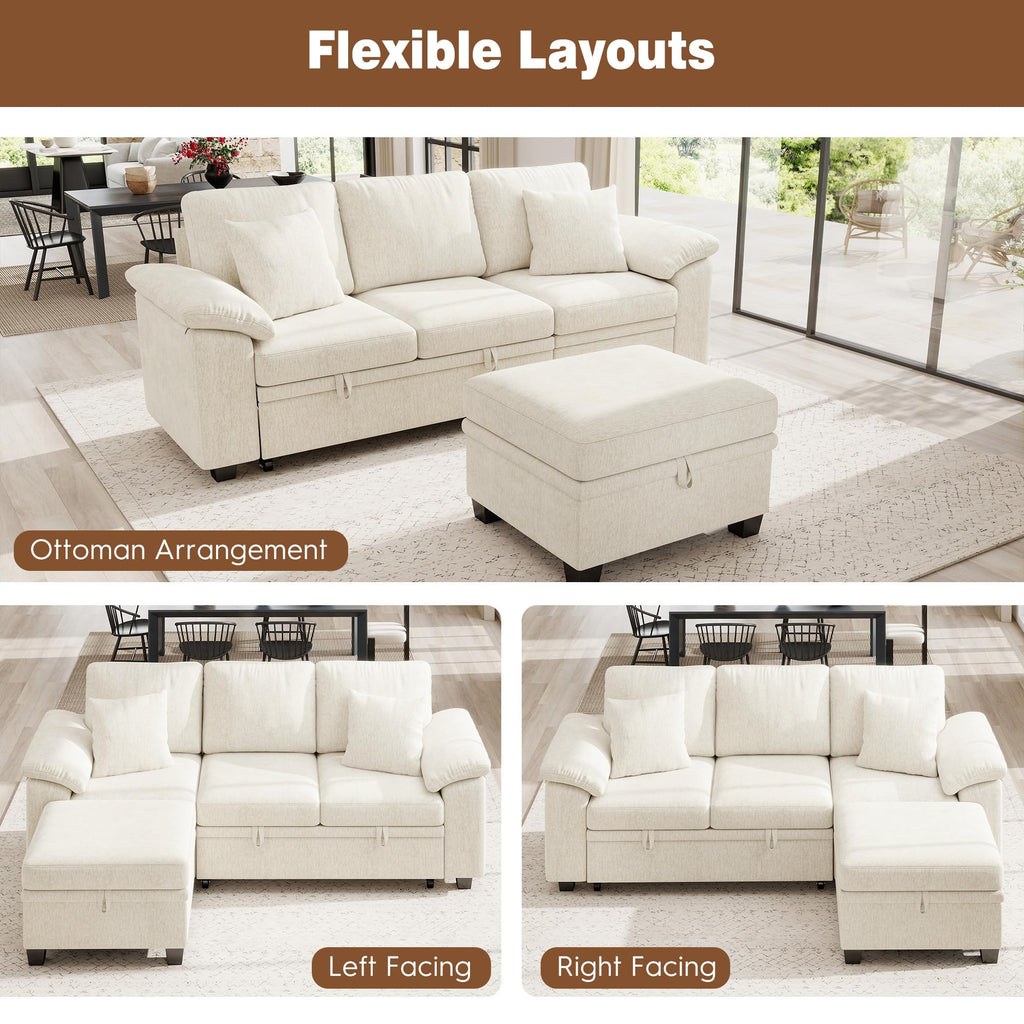 86" Modular Sectional Sofa with Pull Out Bed, 4-Seater L Shaped Sectional Sleeper Couch with Storage Ottoman