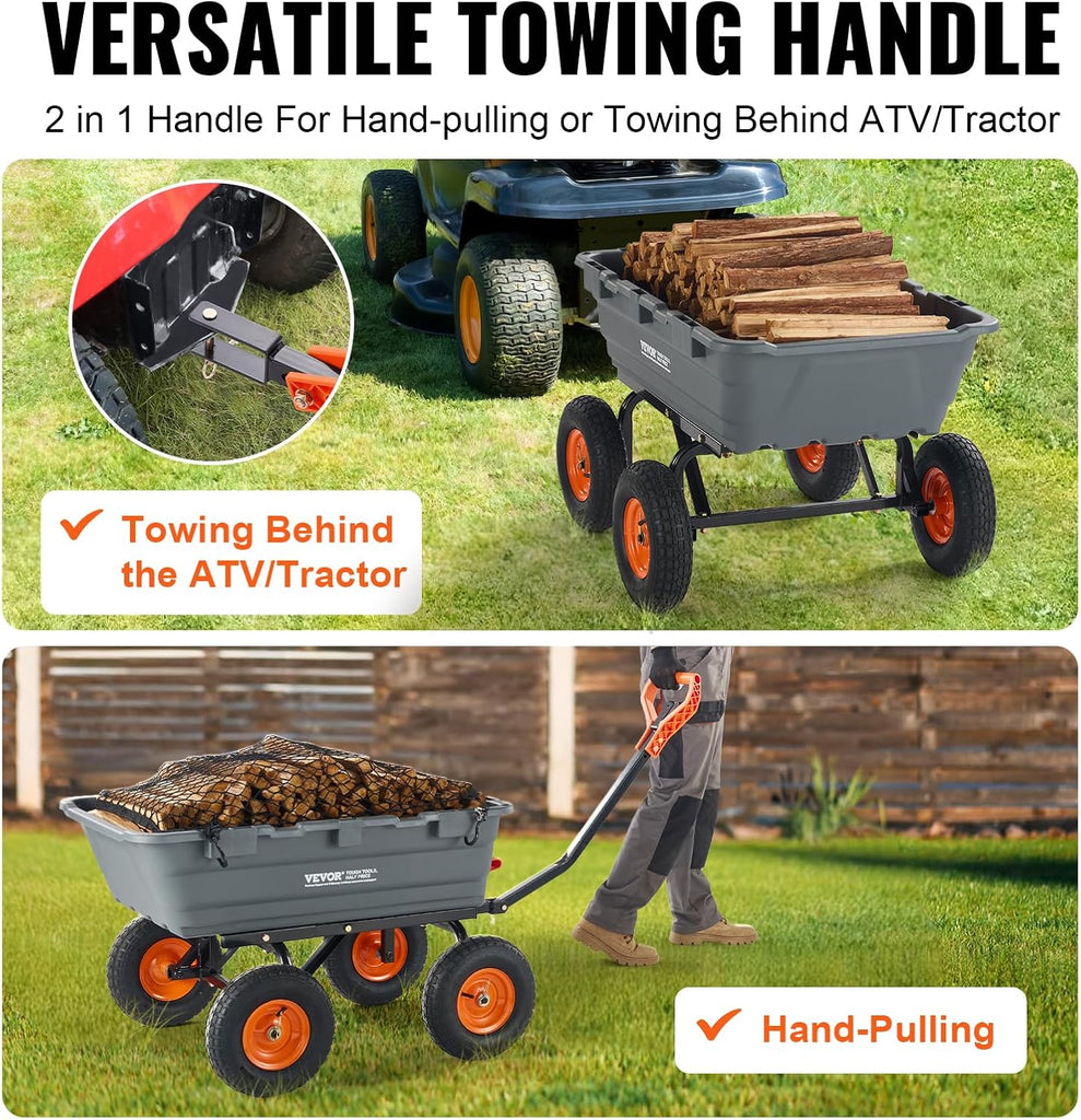 Heavy Duty 1200lbs 7 Cu.Ft Wheelbarrow Garden Dump Cart Wagon | For ATV Mower Tractor, 2-in-1 Convertible Handle to