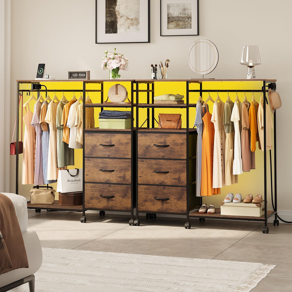 LED, 3 Drawers with Hanging Rack, Rustic Brown