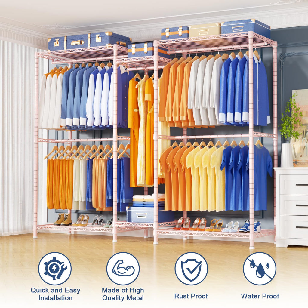 E12 Pro Clothes Rack, Heavy Duty Freestanding Garment Rack with Shelves, Metal Clothing Closet Storage System for