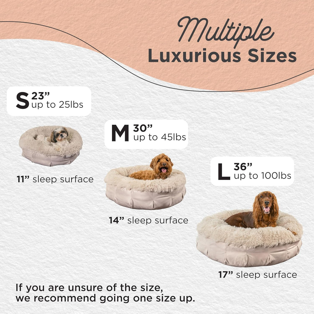 Ultra Calming Pouf Bed, Orthopedic Round Dog Bed for Joint Support, Faux Fur, Washable Cover, Tan, Large