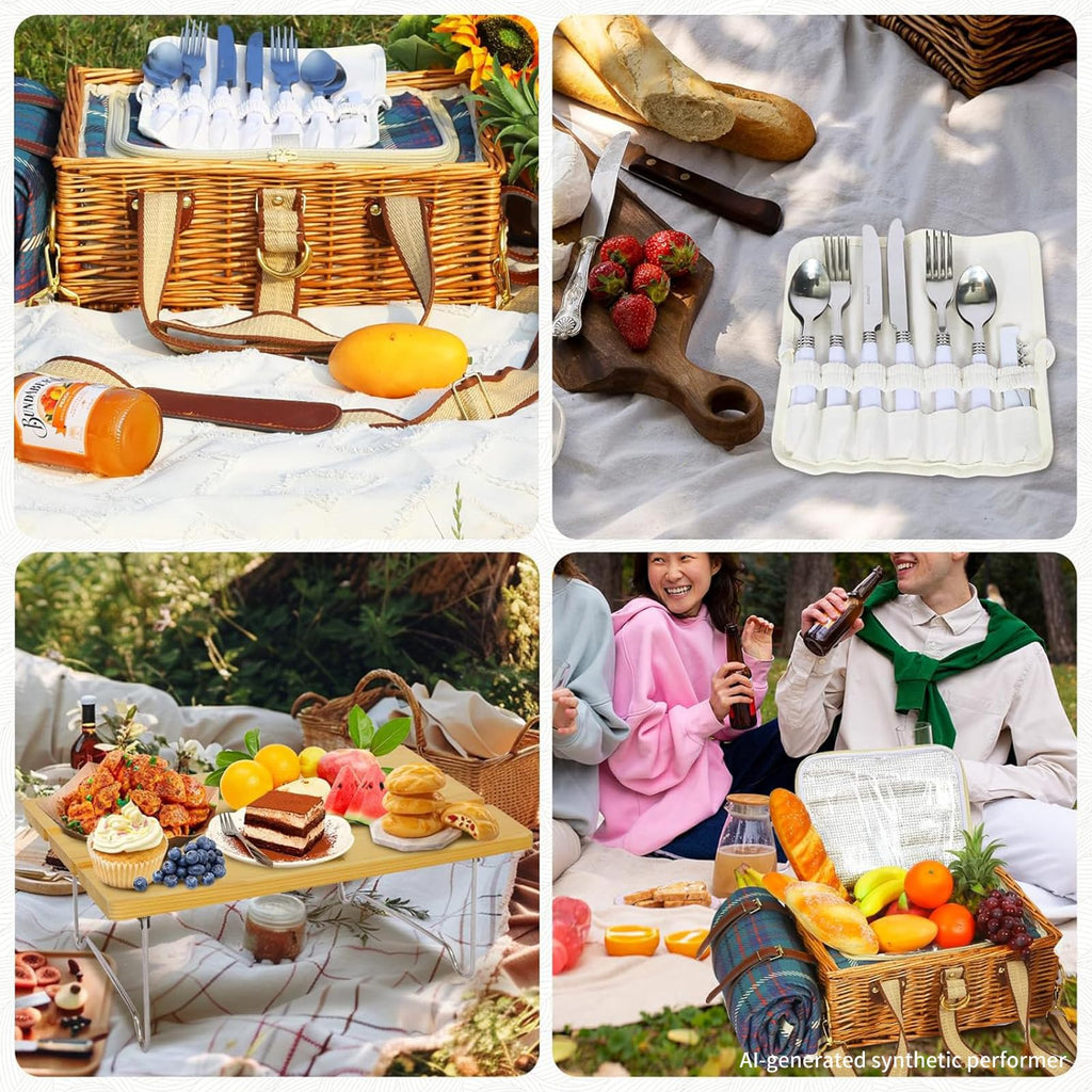 Wicker Picnic Basket for 4 with Folding Table & Waterproof Blanket