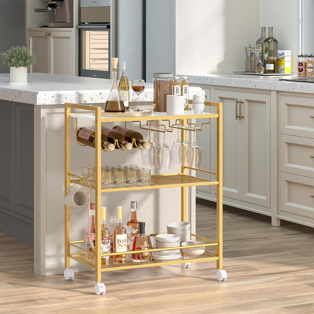Bar Cart, 3-Tier Home Bar Serving Cart with Lockable Wheels, Gold