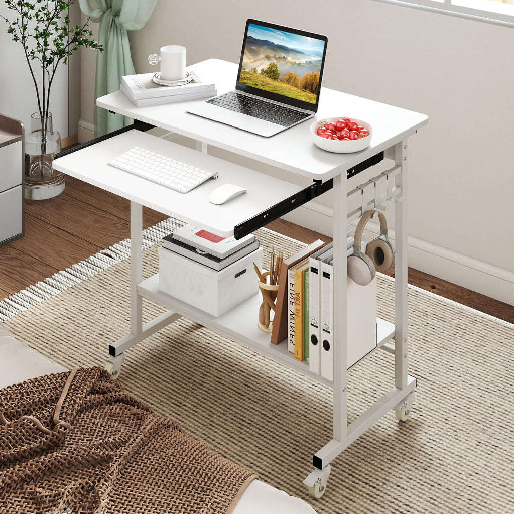 Rolling Computer Desk, Mobile Portable Desk with Keyboard Tray & Wheels, Laptop PC Table Cart with Shelf & Hooks