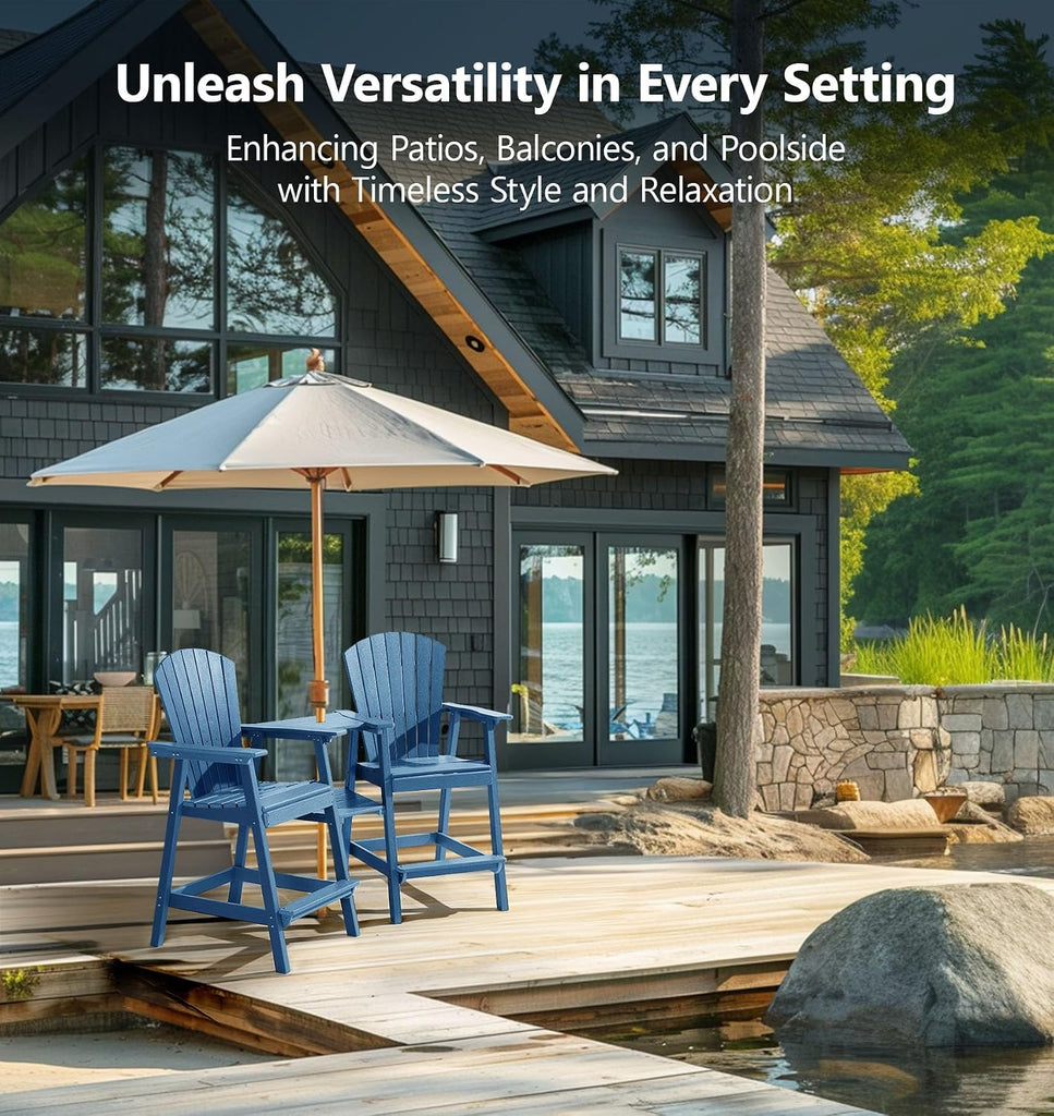 Tall Adirondack Chairs Set of 2, All-Weather HDPE Patio Chairs with Double Connecting Trays, Bar Height Heavy-Duty