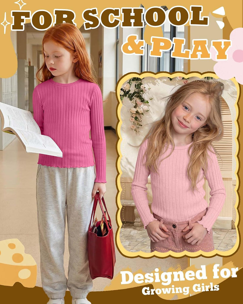 4 Pack Girls Long Sleeve Shirts Kid Cotton Ribbed Top