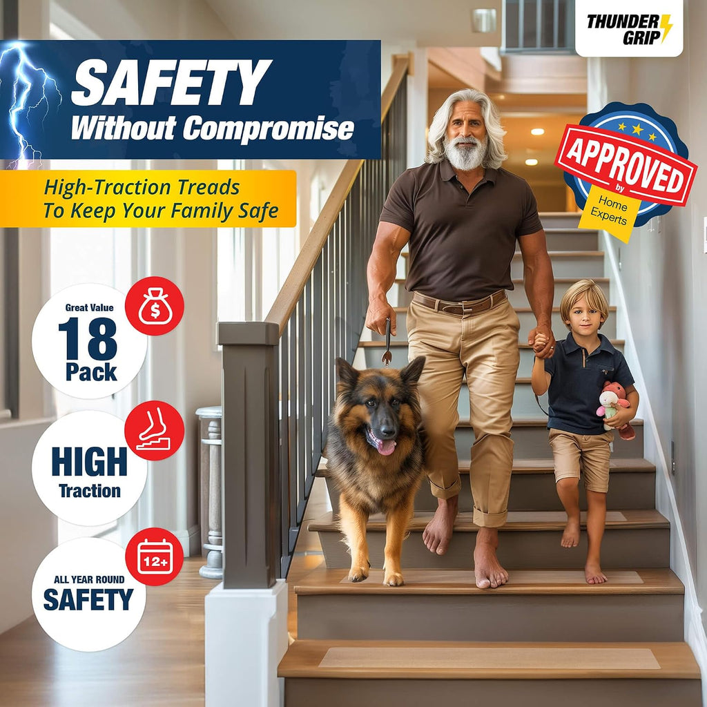 Clear Stair Treads Non-Slip Indoor 24" x 4" 18-Pack - Stair Grips for Wood | Anti Slip Adhesive Strips for Dogs &