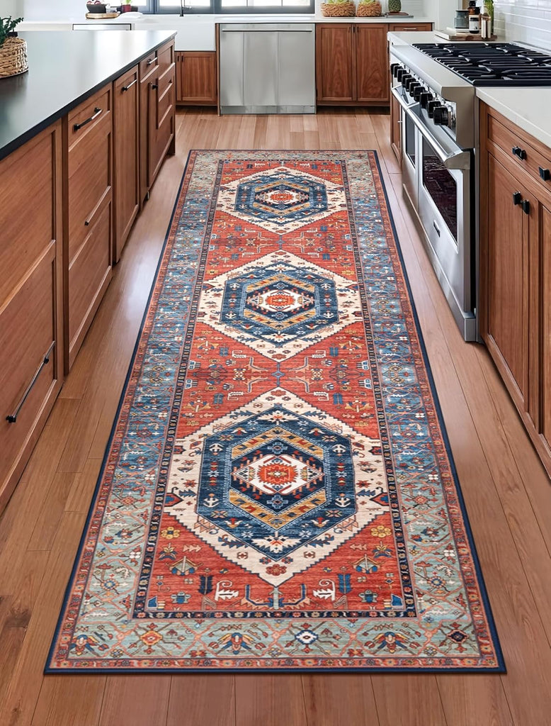 Runner Rug for Hallways, 2'6"x8' Washable Non Slip Boho Kitchen Runner Rug, Vintage Rust Ultra Soft 